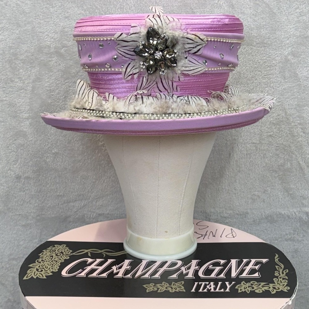 Elite Champagne Top Hat & Box Womens Pink Satin Rhinestone Feathers Derby Church